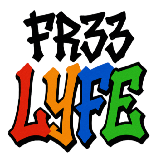 Colorful text 'FR33 LYFE' with black outline on a white background